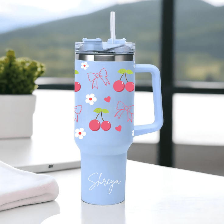 Personalized BerryBow™ Tumbler with Straw & Lid - Memories InsiteCHERRY & BOW DESIGN PRINTED TUMBLER-5